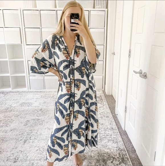 DESMOND & DEMPSEY H&M S Linen-Blend Kaftan Midi Belted Button Up Tropical Dress - Picture 14 of 16